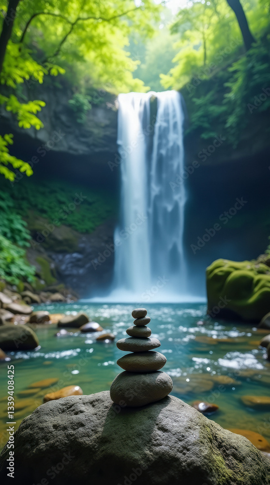 Waterfall Cascades Down Moss-Covered Rocks into a Crystal-Clear Pool Surrounded by Lush Greenery Waterfall Cascades Down Moss-Covered Rocks into a Crystal-Clear Pool Surrounded by Lush Greenery