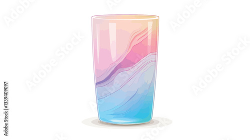 Studio shot of a tall, cylindrical glass tumbler. The glass features a translucent design with a pastel pink, blue, and purple swirl pattern reminiscent of marble. The base of the glass emits a