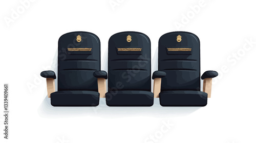 A digital illustration depicting three identical dark blue movie theater seats arranged side-by-side.  Each seat features padded cushions, armrests with light brown wood accents, and a small,