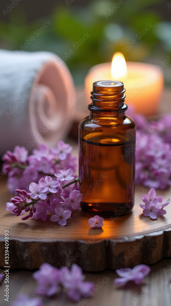 Wooden Table with an Amber Essential Oil Bottle and Lilac Flowers Scattered Around Wooden Table with an Amber Essential Oil Bottle and Lilac Flowers Scattered Around