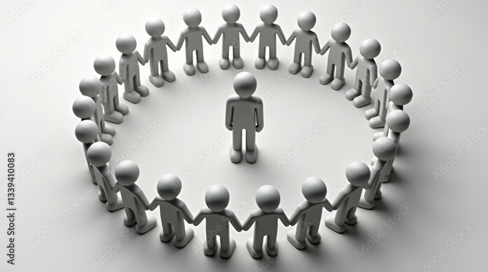 One White Figure Stands Alone Outside the Circle Symbolizing Exclusion, Independence, or Thinking Differently One White Figure Stands Alone Outside the Circle Symbolizing Exclusion, Independence, or Thinking Differently