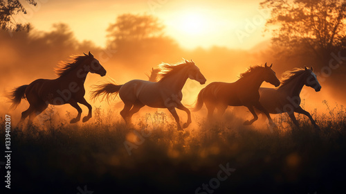 A breathtaking scene of wild horses charging through a misty valley, their silhouettes standing out against the rising sun
