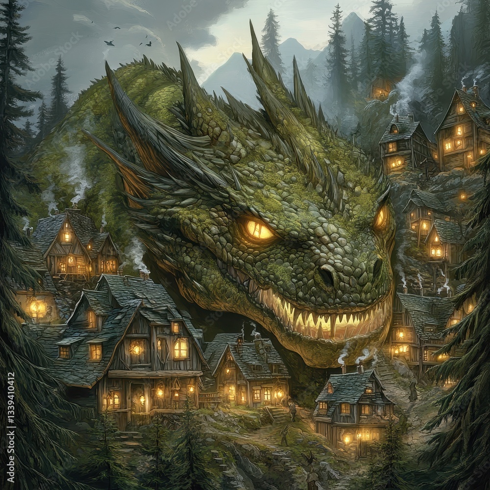 Fototapeta premium A colossal green dragon looms over a small village at dusk