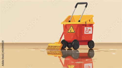 The image shows a small, toy-like cleaning cart, primarily red and yellow, with a handle and four wheels.  A small broom lies on the wet floor next to it.  The cart has a cautionary symbol visible.