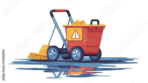 A digital illustration depicts a red cleaning cart with a yellow-orange warning sign on its side.  The cart has a push handle and two small wheels.  A yellow broom is attached to the front of the