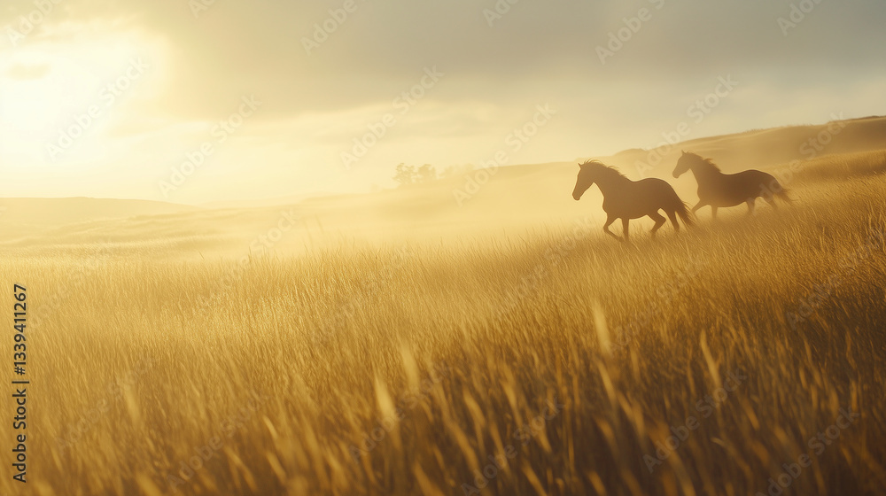 Obraz premium A dreamy, slow-motion scene of wild horses running through a field of tall grass, the soft light of dawn illuminating their path