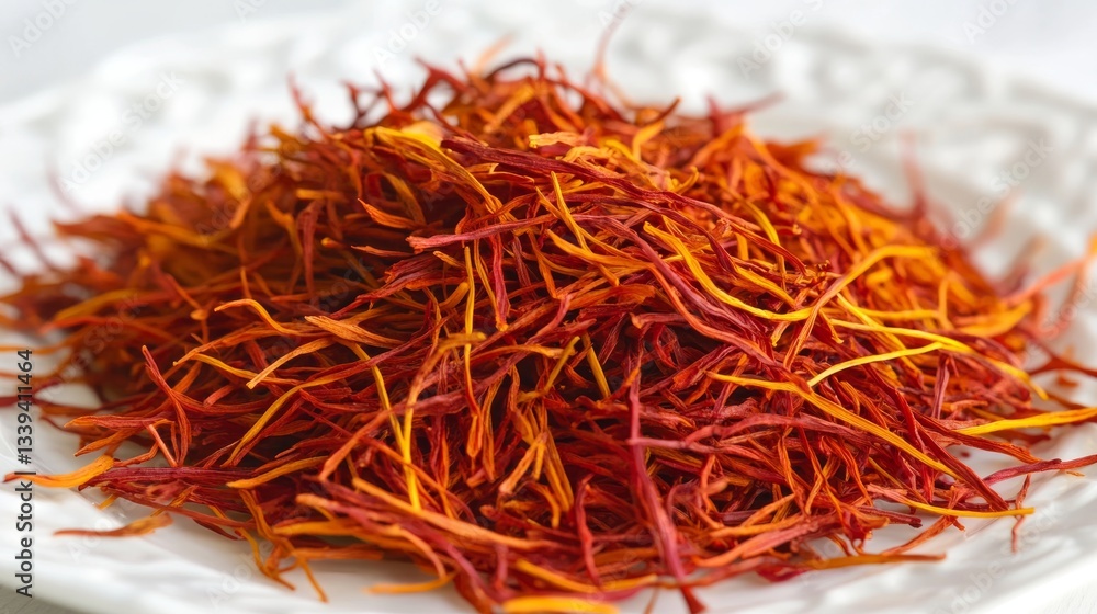 Fototapeta premium Bright and Vibrant Saffron Strands on Decorative White Plate