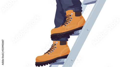 Close-up shot of a person's legs wearing bright orange work boots with black soles, stepping onto a metallic grey ladder. The image shows only the lower legs and feet, focusing on the boots and