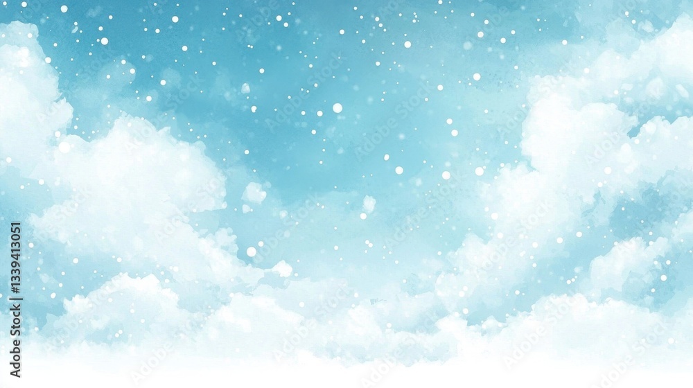 Fluffy white snowflakes descend slowly through a clear sky filled with soft, light blue clouds on a tranquil winter day. The scene captures a peaceful winter ambiance Fluffy white snowflakes descend slowly through a clear sky filled with soft, light blue clouds on a tranquil winter day. The scene captures a peaceful winter ambiance