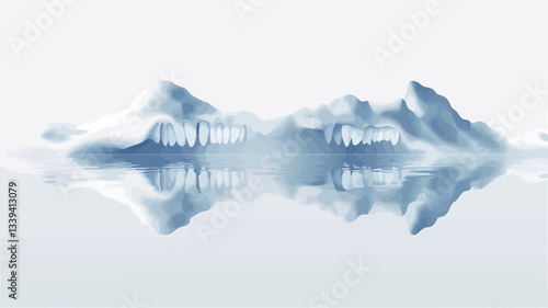 The image presents a symmetrical abstract design. It depicts a mirrored reflection of what appears to be ice formations or a similar textured surface in shades of light blue and white against a