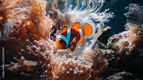 A dazzling clownfish weaving through the swaying tentacles of a sea anemone in a colorful coral reef