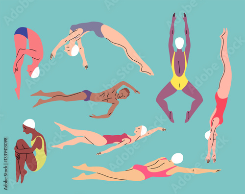Cartoon Color Characters People Professional Swimmers Concept Flat Design Style. Vector illustration of Jumpers into Pool