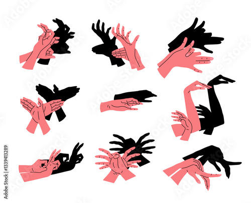 Cartoon Color Different Hand Shadow Puppets Set Concept Flat Design Style. Vector illustration of Hands Creating Various Shapes