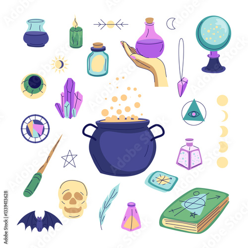 Cartoon Color Different Magic Items Set with Line Art Elements. Vector illustration of Boiling Potion, Wizard Book of spell, Poison in Glass Flask and Fortune Teller Sphere