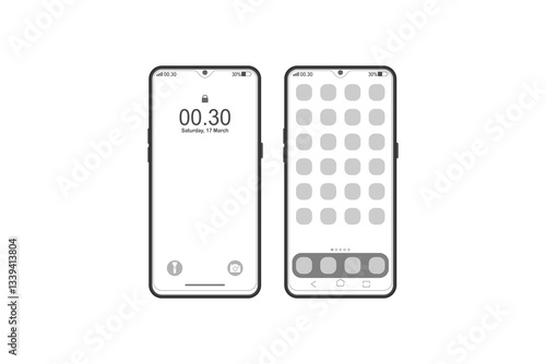 Mobile phone touch screen line icon vector design template of locked screen and menu screen.