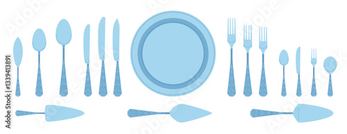 Cartoon Color Different Fancy Silver Cutlery Set with Table Knife, Spoon and Plate Concept Flat Design Style. Vector illustration
