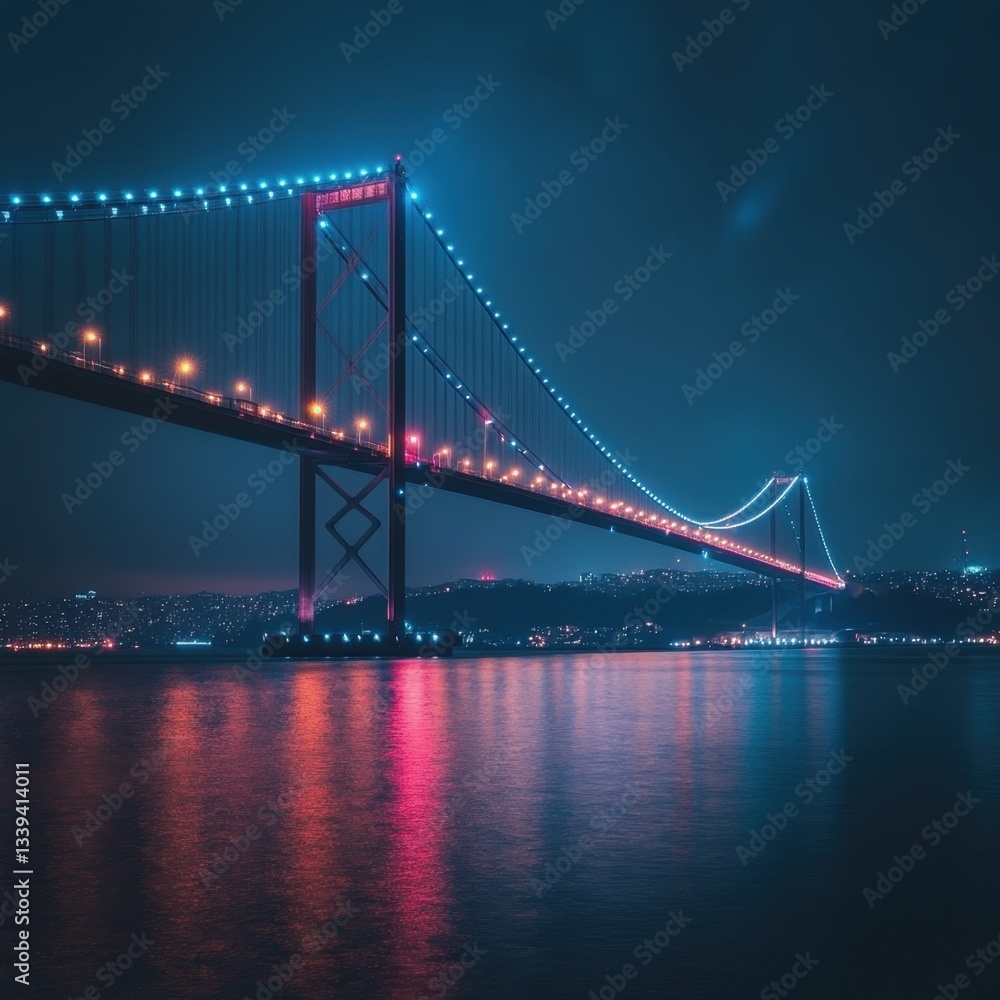 Fototapeta premium Dramatic Suspension Bridge at Night Reflecting City Lights on Water Surface with Dark Sky and Moody Atmosphere