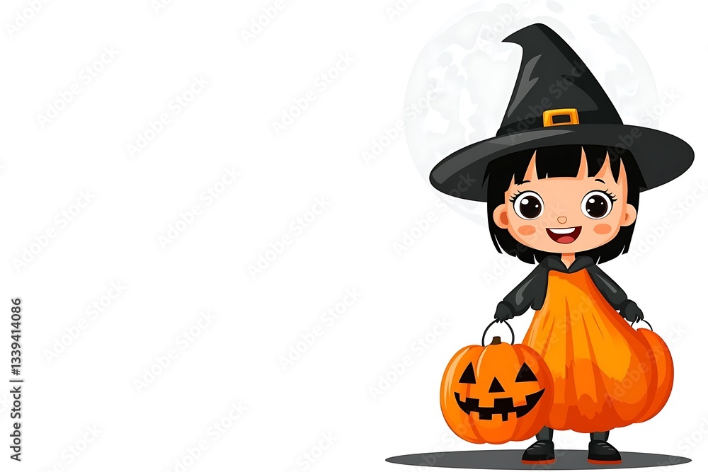 Fototapeta premium Happy girl in witch costume, carrying pumpkins, Halloween night, moonlit background, greeting card