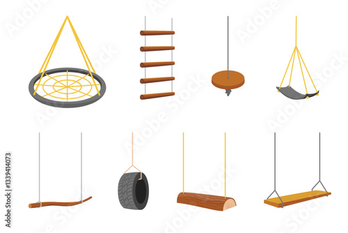 Cartoon Color Different Outdoors Swings Set Concept Flat Design Style. Vector illustration of Kid Swing for Park, Playground or Backyard