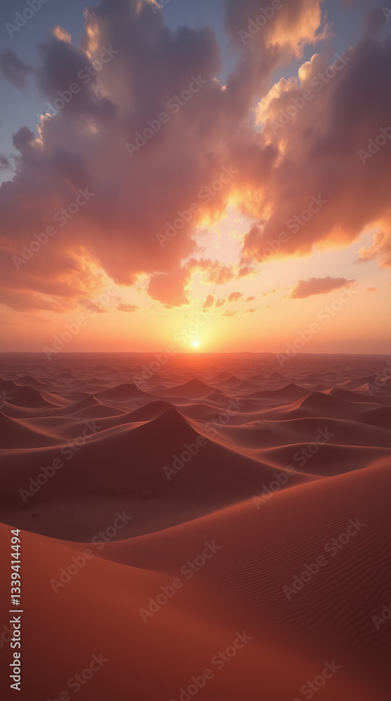 View of the Sahara Desert at Dusk with a Fiery Orange Sky View of the Sahara Desert at Dusk with a Fiery Orange Sky