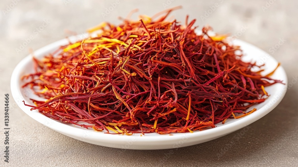 Bright Red Saffron Stigmas on White Plate with Textured Background Bright Red Saffron Stigmas on White Plate with Textured Background