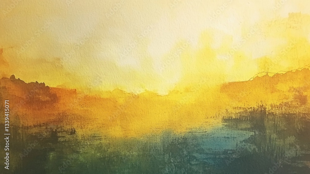 Fototapeta premium Warm colors blend in the sky during a sunset, casting reflections on a calm water surface. The landscape features soft hills silhouetted against the vibrant horizon