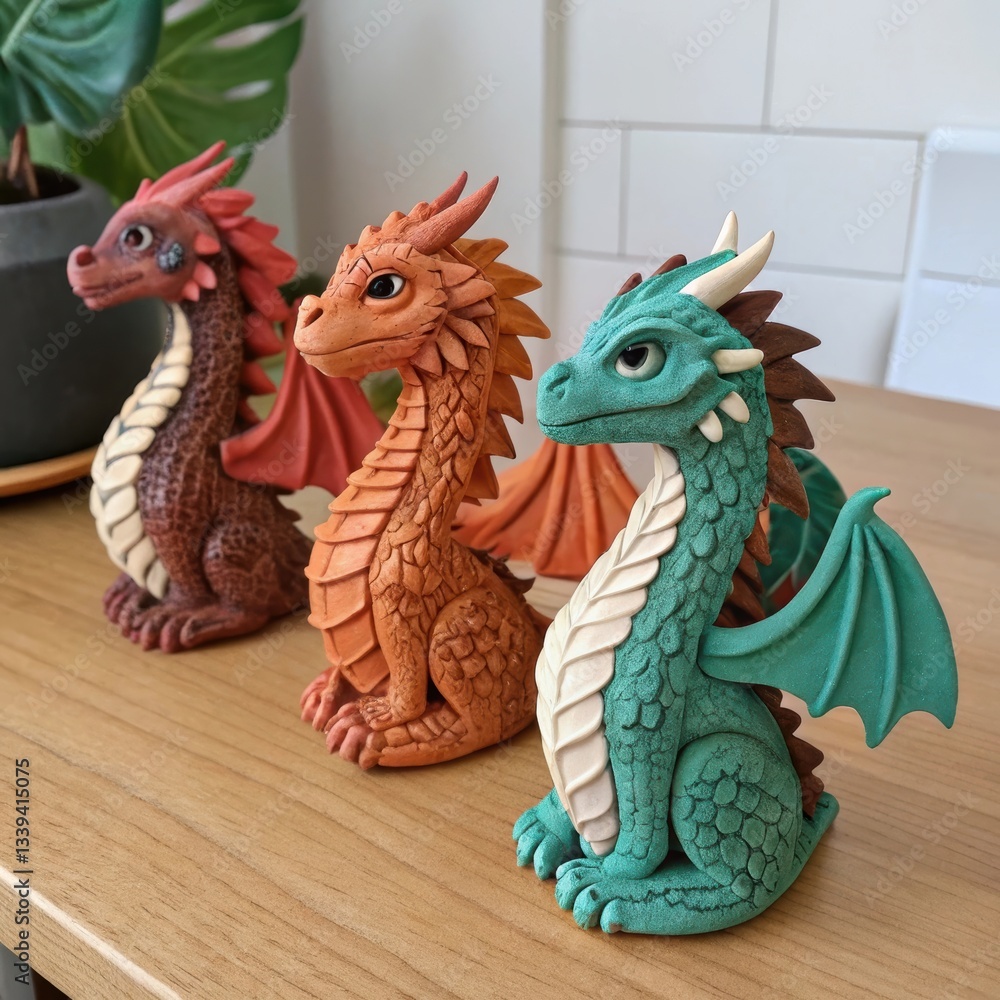 Fototapeta premium Three colorful dragon figurines displayed on a wooden table with green plant in background