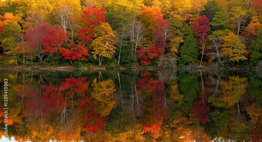 Reflecting Autumn Trees in Lake with Vibrant Fall Colors Landscape Reflecting Autumn Trees in Lake with Vibrant Fall Colors Landscape