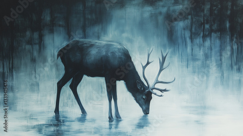A peaceful moment as a stag lowers its head to graze, mist swirling gently around its legs in the cool morning air