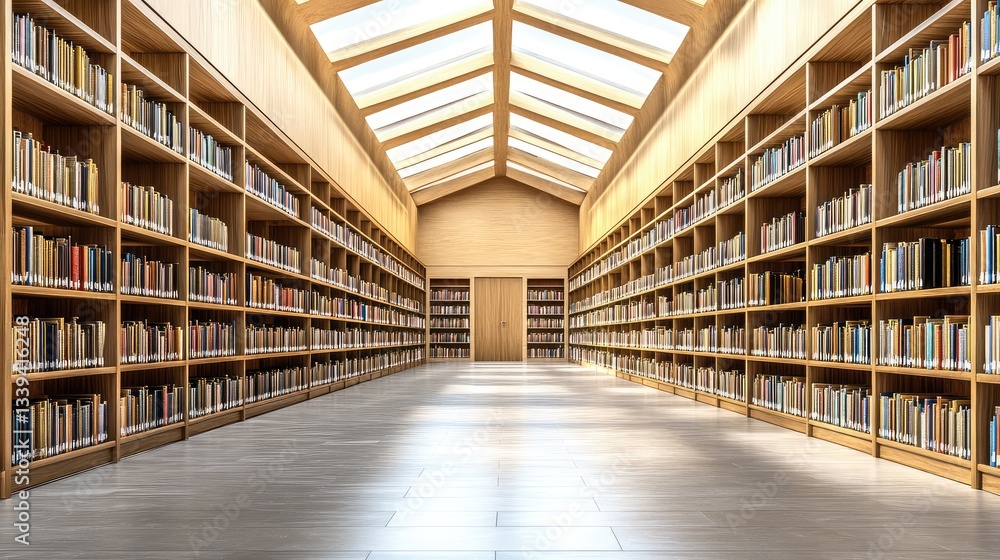 Expansive public library with floor-to-ceiling bookshelves, skylights, and an open atmosphere. Copy space. Expansive public library with floor-to-ceiling bookshelves, skylights, and an open atmosphere. Copy space.