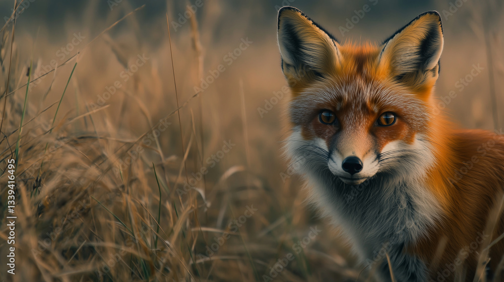 Fototapeta premium A fox's face emerging from the dense grass, its gaze locked on something unseen in the distance as dusk settles in