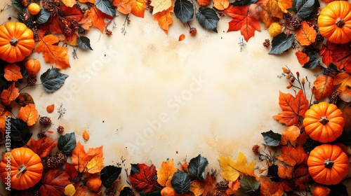 Autumn leaves and pumpkins frame on table, copy space background