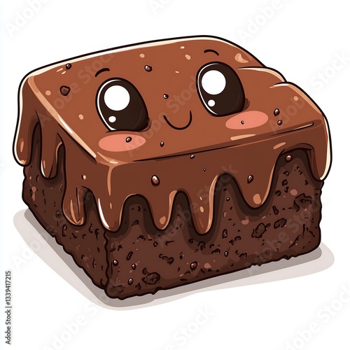 Cute smiley happy cartoon sticker chocolate brownie cake slice character face eyes dessert illustration drawing, white background

