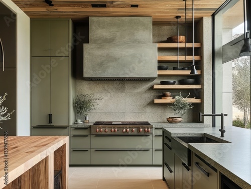 Modern kitchen with cabinets stove and concrete range hood and shelves
