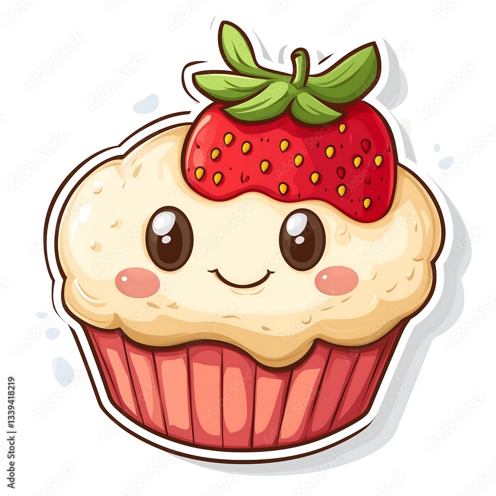 Cute smiley happy cartoon sticker strawberry muffin cupcake character face eyes dessert illustration drawing, white background
Cute smiley happy cartoon sticker strawberry muffin cupcake character face eyes dessert illustration drawing, white background