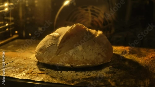 Bread baking in kitchen oven. Homemade organic dough bread. Making bread and eco production. Sourdough bread being baked in oven. Close-up in 4K, UHD