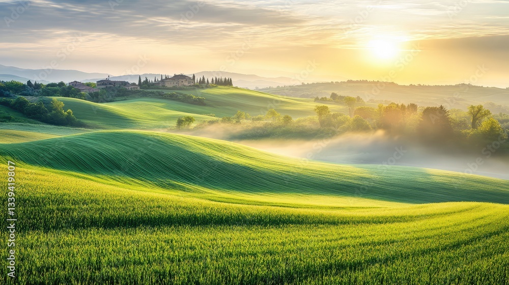 Obraz premium Rolling hills of green farmland with the sun rising in the background, ideal for promoting local agritourism.