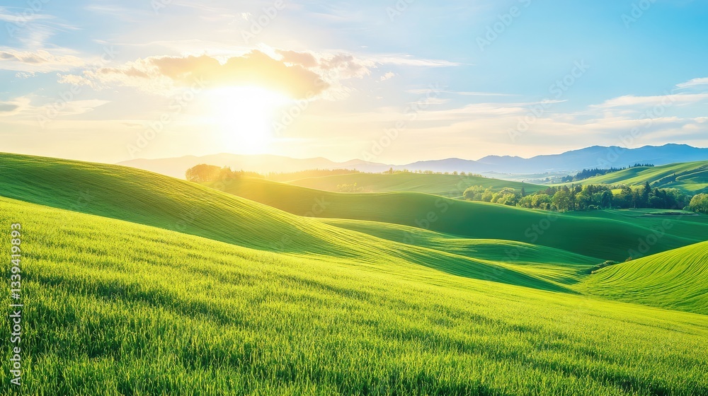 Obraz premium Rolling hills of green farmland with the sun rising in the background, ideal for promoting local agritourism.