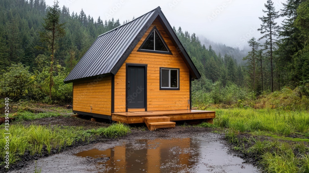 Forestintegrated Aframe cabin with rainwater collection, composting system, and renewable energy sources Forestintegrated Aframe cabin with rainwater collection, composting system, and renewable energy sources