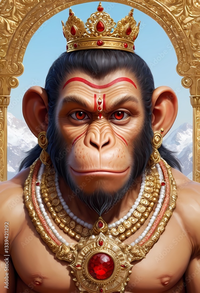 Fototapeta premium Mighty and Wise Lord Hanuman Ji in a Crown - Hindu Mythology Deity