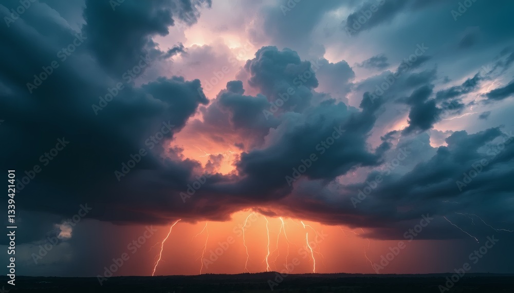 Dramatic Storm Clouds with Lightning Strikes Over Orange Sky at Night Dramatic Storm Clouds with Lightning Strikes Over Orange Sky at Night