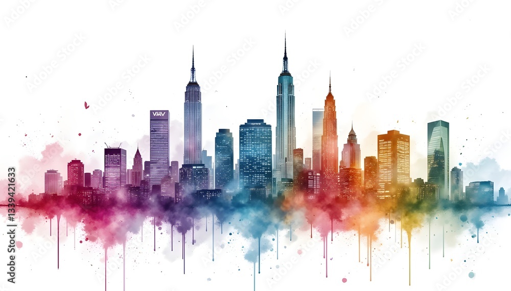 Obraz premium The New York skyline watercolor illustration captures the iconic urban landscape with its towering skyscrapers, bustling streets, and vibrant energy that defines the city.