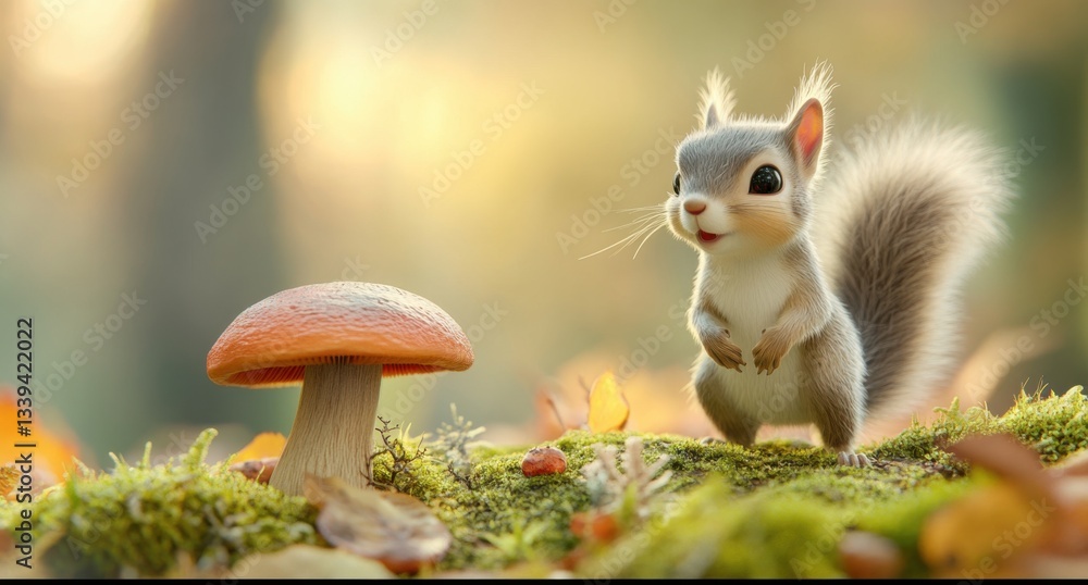 Obraz premium Cute little squirrel stands on the moss, with an adorable mushroom next to her. Soft fur and fluffy tail are softly illuminated by the soft light, and she looks at you with big eyes full of curiosity.