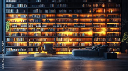 Spacious modern library with tall wooden bookshelves, a cozy reading nook, and warm ambient lighting. Copy space.