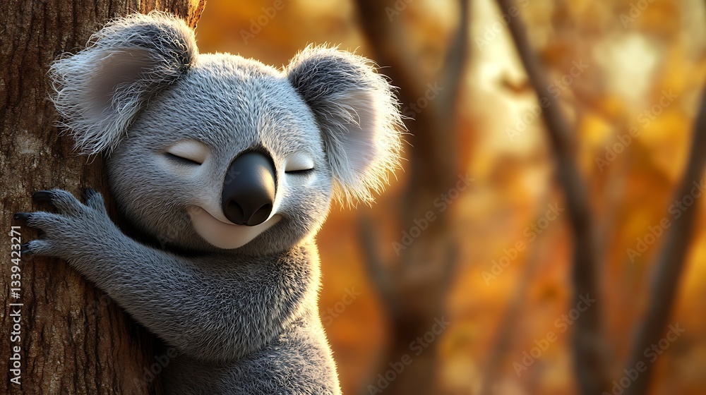 Cute Koala Hugging a Tree with Closed Eyes in Autumn Forest Cute Koala Hugging a Tree with Closed Eyes in Autumn Forest