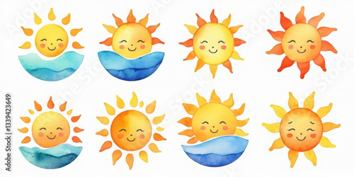 Summer icon watercolor illustrations The Sun Shine bright and cheerful nature scene creative art playful viewpoint