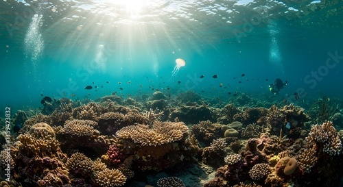 Wallpaper Mural Crystal-clear underwater coral gardens, teeming with vibrant, surreal marine life, 16:9 Torontodigital.ca