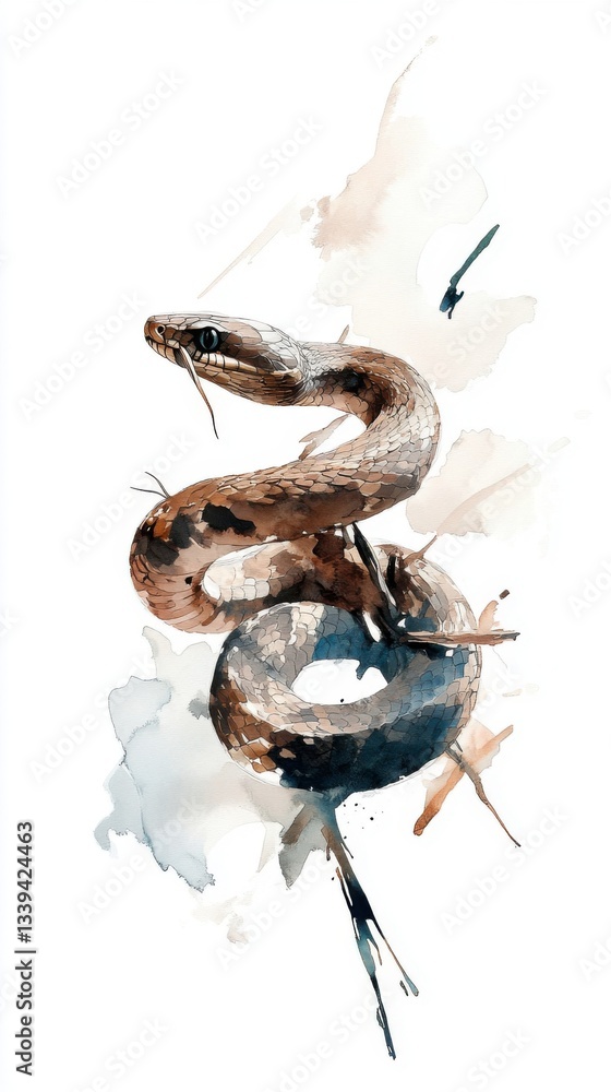 Watercolor Illustration of a Snake Coiling Gracefully With Soft, Fluid Textures and Natural Colors Watercolor Illustration of a Snake Coiling Gracefully With Soft, Fluid Textures and Natural Colors
