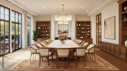 Warm wooden dining room with soft lighting, elegant dcor, and cozy seating arrangement. Copy space.