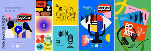 Podcast. Vector abstract illustrations of people talking into microphone, player,  multimedia, video, streaming, broadcasting, webinar, social media, shorts, communication, app